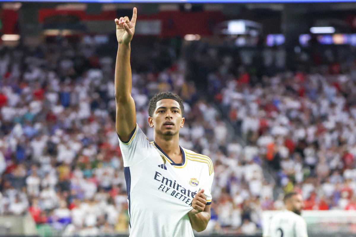 Jude Bellingham pictured celebrating after scoring his first goal for Real Madrid during a pre-season win over Manchester United in July 2023